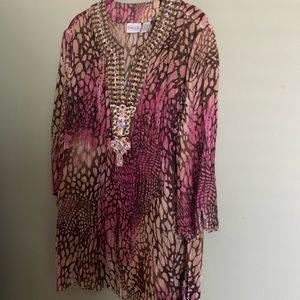 Chico's Tops | Beaded Sheer Floral Blouse, Black/Red,